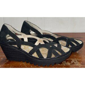 Fly London Shoe 9? Womens Black Wedge Leather Yadi Cage Open Toe Platform EU40